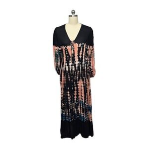 Young Fabulous & Broke Dress‎ Womens XS Black Pink Tie Dye Maxi Boho Long Sleeve